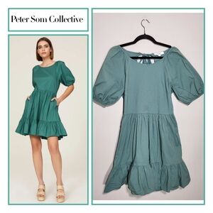 PETER SOM Green Puff Sleeve Dress Size 8 Cottagecore Open Ribbon Back